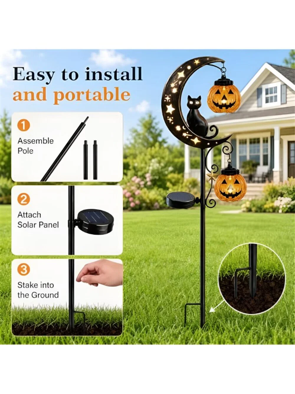 Solar Halloween Black Cat & Pumpkin Moon Garden Stake Light, Jack-o'-Lantern